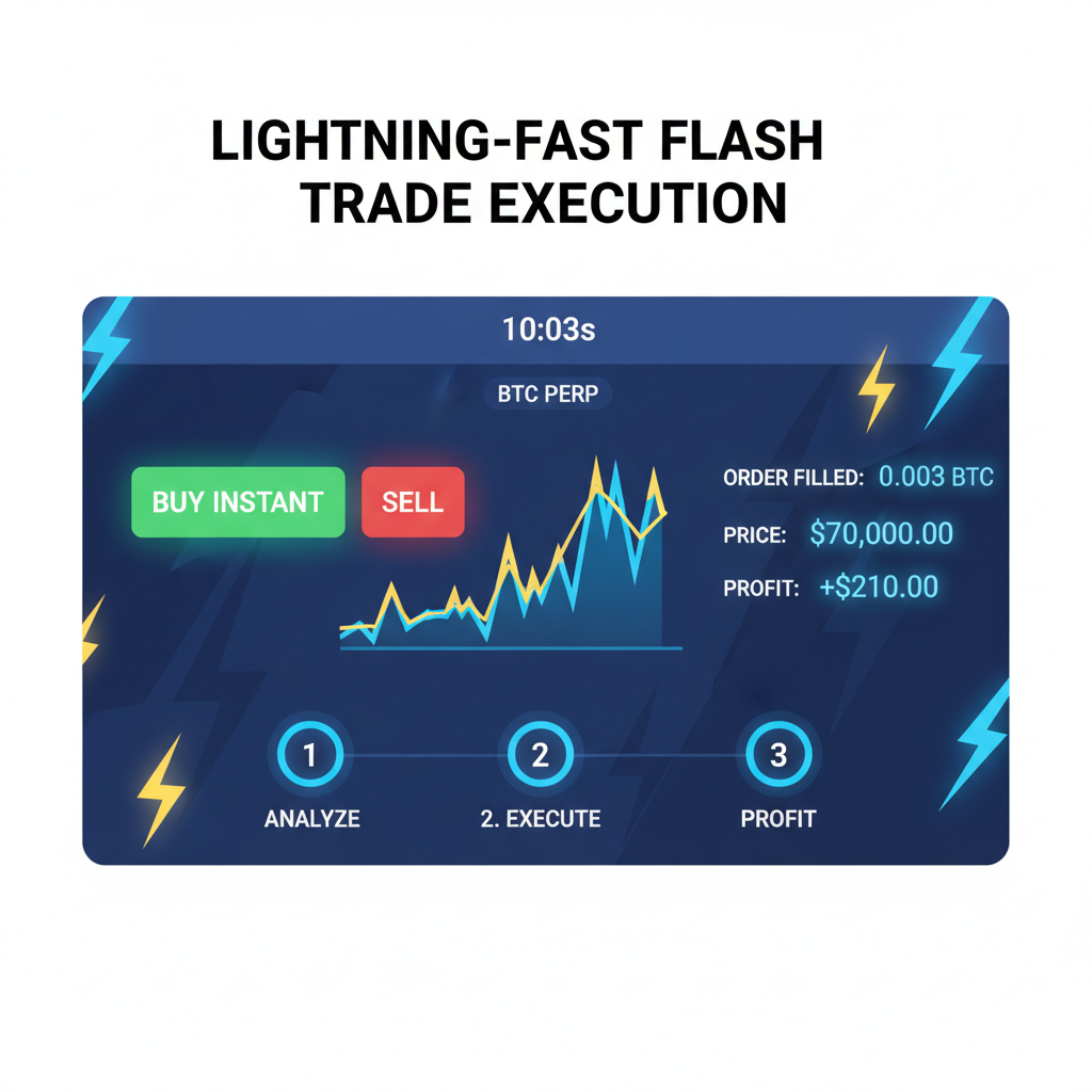 lightning-fast flash trade execution screen with BTC perp chart spiking
