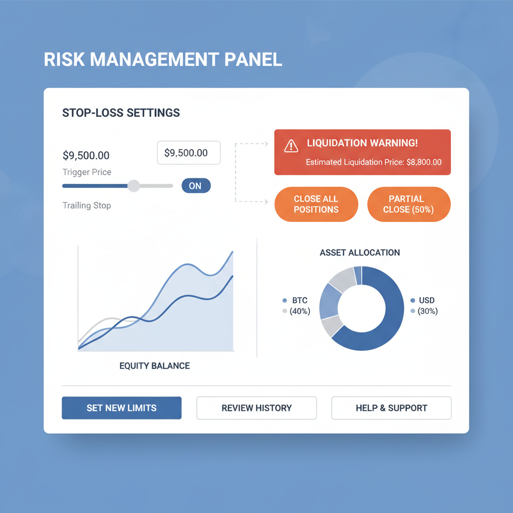 risk management panel with stop-loss settings, liquidation warnings, position close buttons, balanced charts