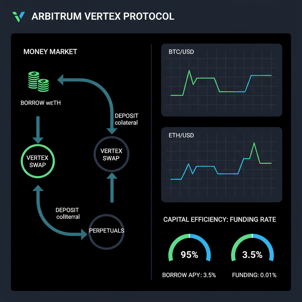Arbitrum Vertex protocol interface showing money market borrows looping to perps, dark mode charts, green efficiency metrics